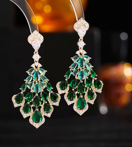 Emerald Tassel Chandelier Earrings